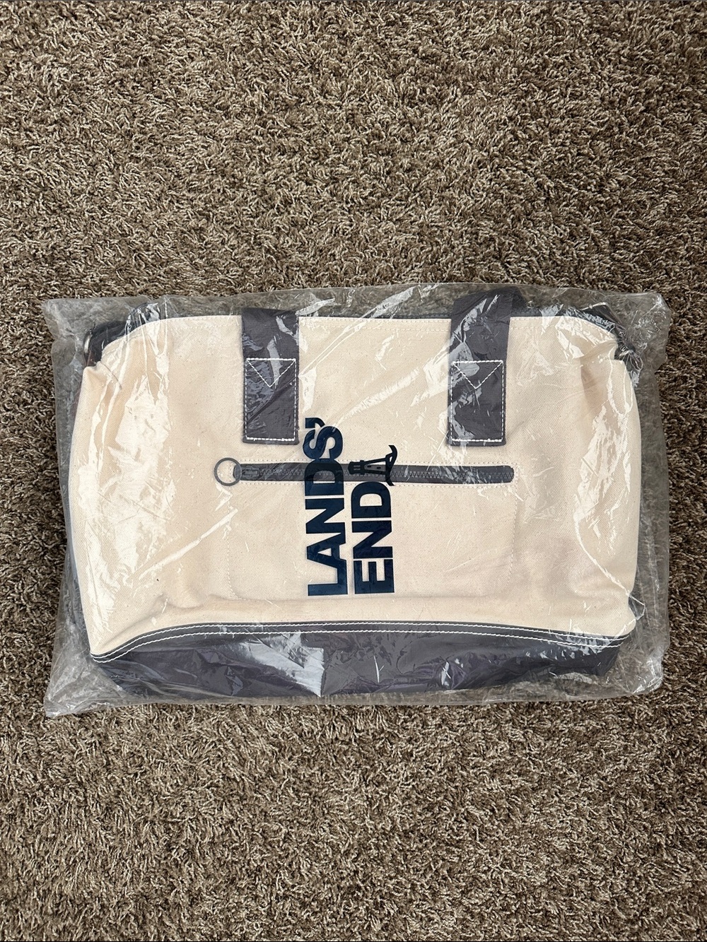 New Lands' End Natural and True Navy Canvas Weekender Bag